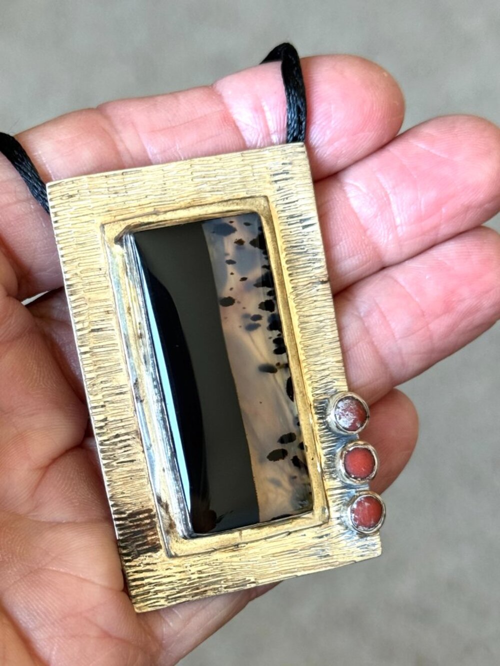 Sterling Pendant Necklace Rectangular Bezel Set Abstract Modern Artist - Picture 3 of 7